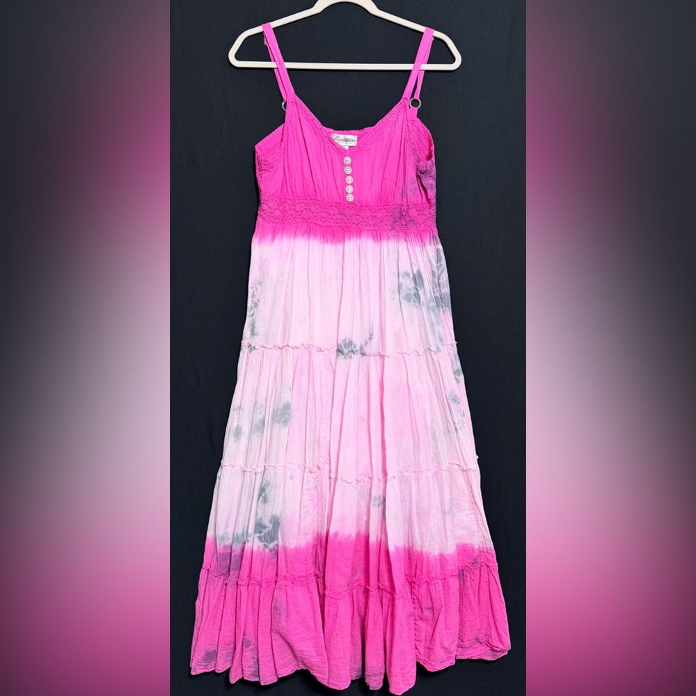 Signature JMB Pink Lace-Trimmed boho tie dye beach dress resort wear